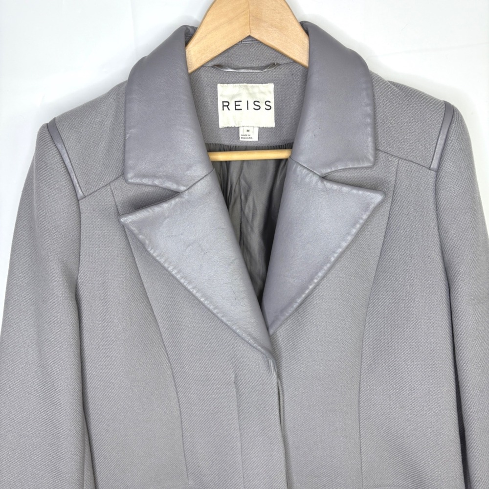 REISS Grey Wool Blend Coat with‎ Leather Trim Medium Gray Old Money M - Picture 5 of 16